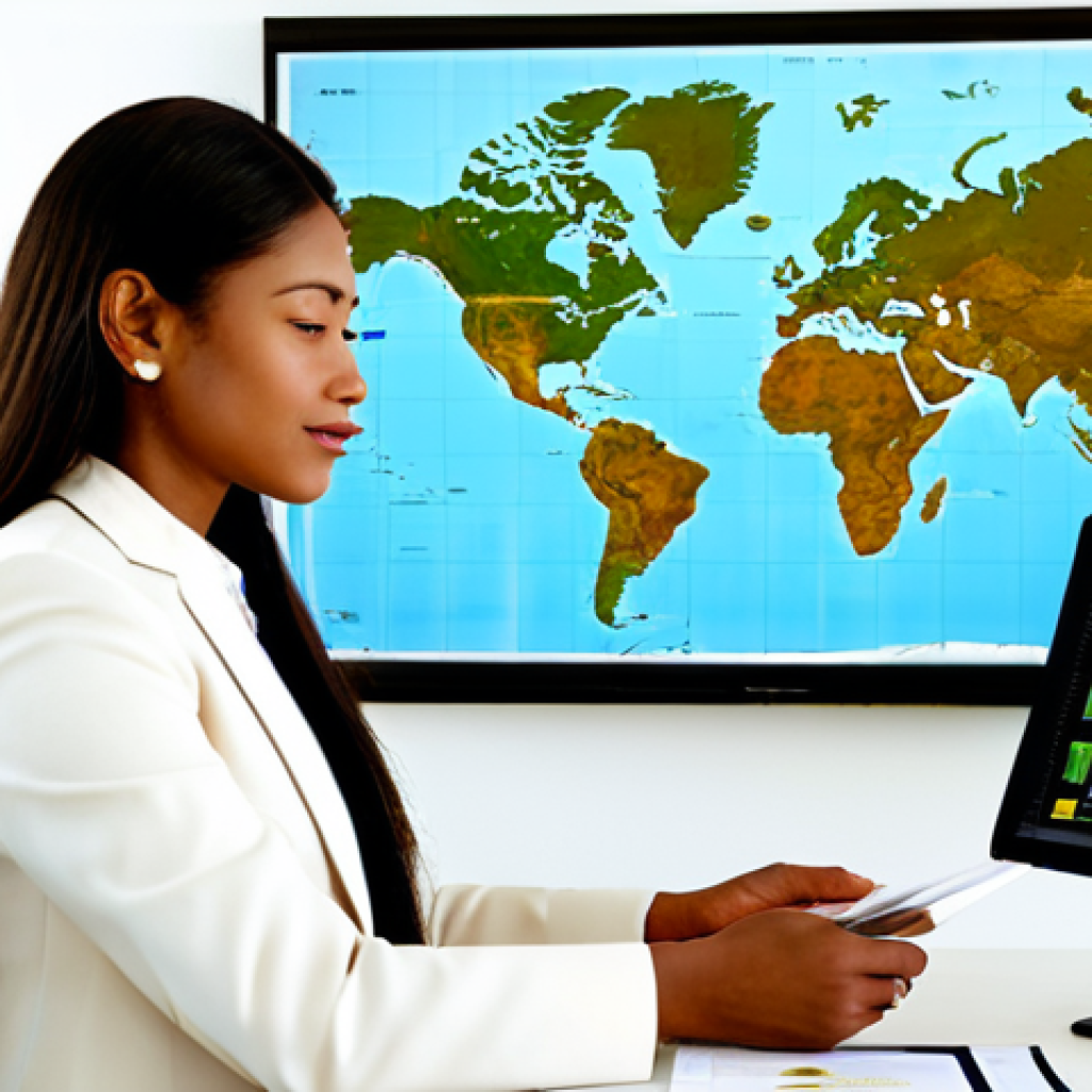 A professional female entrepreneur in a modest business suit, fully clothed, reviewing market research documents and certification standards for natural cosmetics export. She is seated at a clean, modern desk in a well-lit office, with a digital display showing a global market map and various international certification logos like COSMOS and Ecocert in the background. The scene emphasizes strategic planning and regulatory compliance. Perfect anatomy, correct proportions, natural body proportions, well-formed hands, natural pose, professional dress, appropriate attire, safe for work, appropriate content, family-friendly, high-quality, ultra-detailed, studio lighting.
