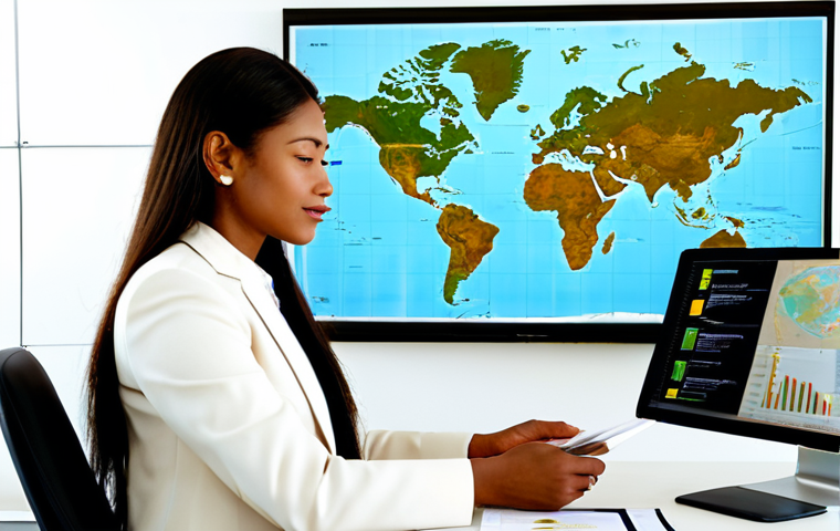 A professional female entrepreneur in a modest business suit, fully clothed, reviewing market research documents and certification standards for natural cosmetics export. She is seated at a clean, modern desk in a well-lit office, with a digital display showing a global market map and various international certification logos like COSMOS and Ecocert in the background. The scene emphasizes strategic planning and regulatory compliance. Perfect anatomy, correct proportions, natural body proportions, well-formed hands, natural pose, professional dress, appropriate attire, safe for work, appropriate content, family-friendly, high-quality, ultra-detailed, studio lighting.