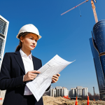 **

A professional female architect in a modern, fully clothed business suit, reviewing blueprints on a construction site in Moscow, Russia. The backdrop features contemporary high-rise buildings under a clear sky. Perfect anatomy, correct proportions, natural pose, well-formed hands, appropriate attire, safe for work, appropriate content, fully clothed, professional photography, high quality.

**