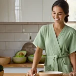 천연화장품을 활용한 홈케어 방법 - **Prompt:** A serene young woman in her late 20s or early 30s, with a gentle smile, standing in a br...