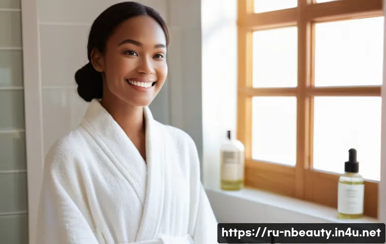 천연화장품 장기 사용 효과 - **Prompt: "A serene woman in her early 30s, with radiant, naturally glowing skin, stands in a bright...