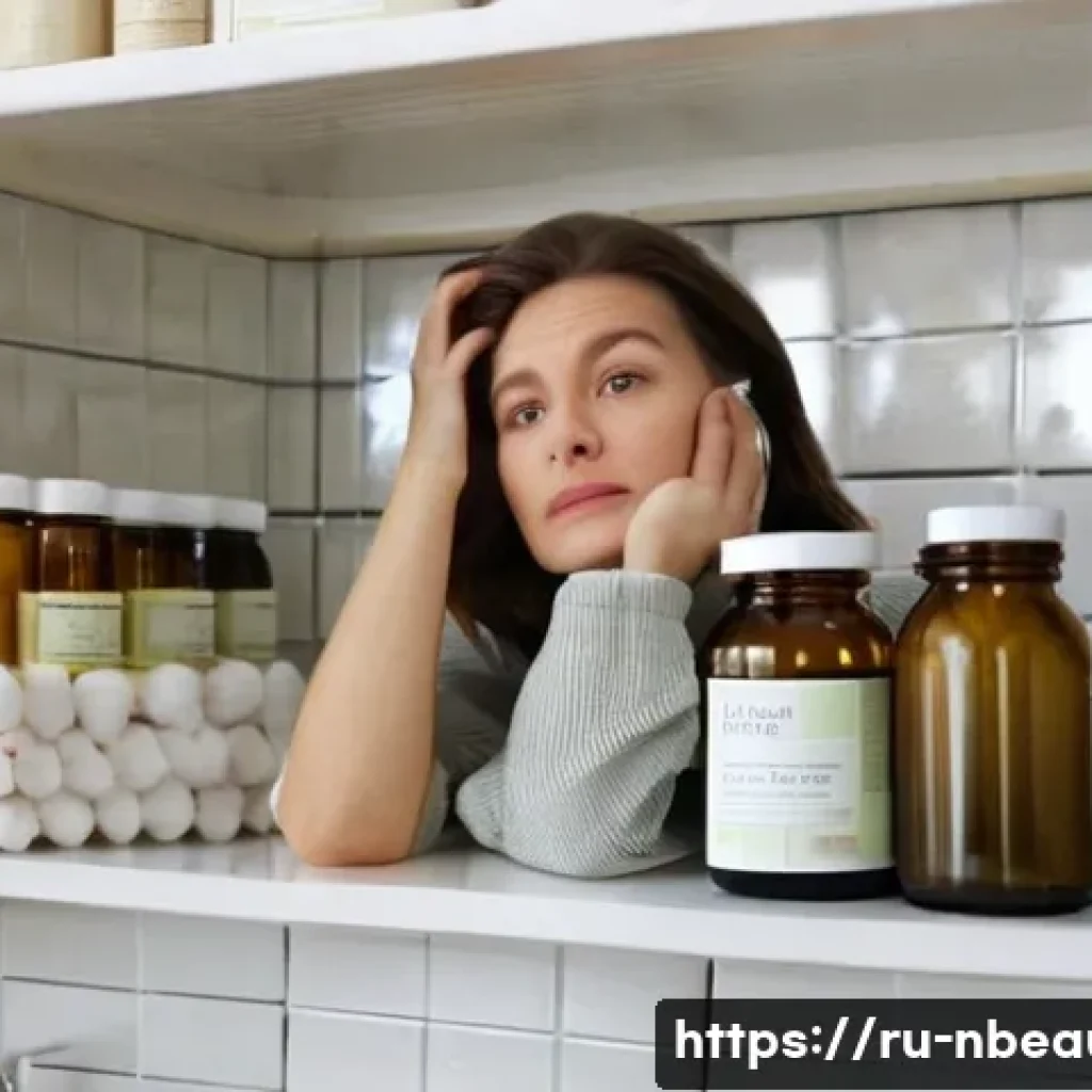 천연화장품 사용 후기 - A beautiful Russian woman in her late 20s to early 30s, with a frustrated yet hopeful expression, si...