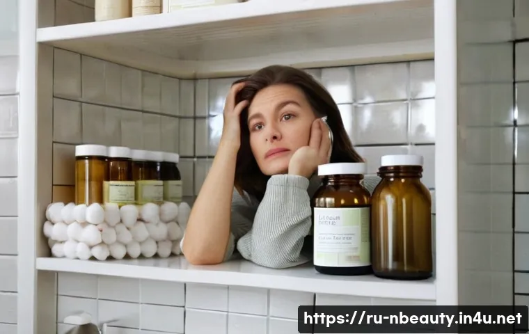 천연화장품 사용 후기 - A beautiful Russian woman in her late 20s to early 30s, with a frustrated yet hopeful expression, si...