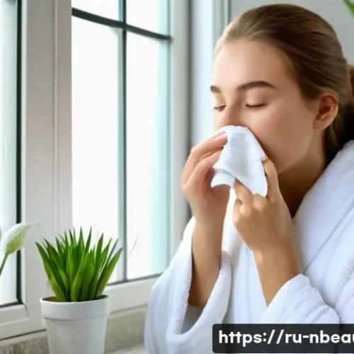 천연화장품으로 모공 관리하는 방법 - A serene bathroom scene featuring a young Russian woman with clean, fresh skin gently patting her fa...