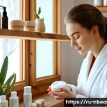 Home 18 천연화장품 성분 안정성 - A cozy skincare scene featuring a Russian woman with sensitive skin gently applying a natural moistu...