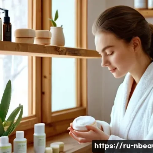 Home 30 천연화장품 성분 안정성 - A cozy skincare scene featuring a Russian woman with sensitive skin gently applying a natural moistu...