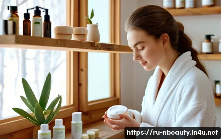 천연화장품 성분 안정성 - A cozy skincare scene featuring a Russian woman with sensitive skin gently applying a natural moistu...