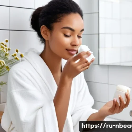Home 29 천연화장품 소비자 리뷰 비교 - A serene skincare scene featuring a young woman with sensitive, dry skin gently applying a creamy mo...