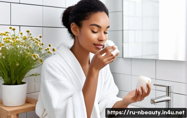 천연화장품 소비자 리뷰 비교 - A serene skincare scene featuring a young woman with sensitive, dry skin gently applying a creamy mo...