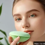 Home 22 천연화장품 쿠션 팩트 추천 - A close-up portrait of a young Russian woman with sensitive skin applying natural cushion foundation...