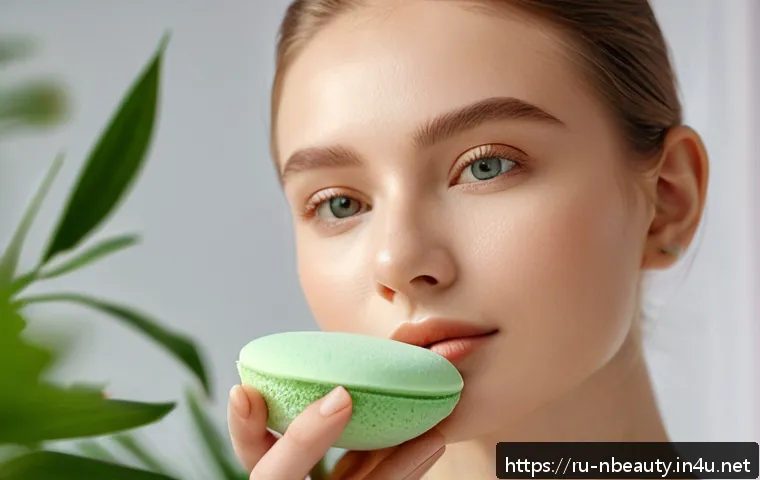천연화장품 쿠션 팩트 추천 - A close-up portrait of a young Russian woman with sensitive skin applying natural cushion foundation...