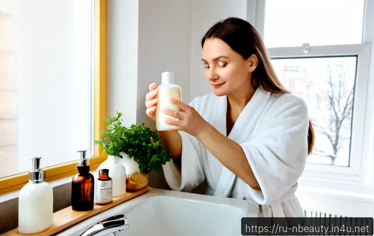 Home 17 천연화장품 스킨케어 루틴 - Photorealistic morning natural skincare routine in a bright Moscow apartment bathroom, Russian woman...
