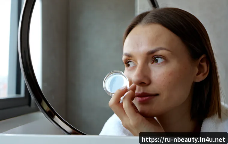 Home 17 천연화장품 사용 후 트러블 대처법 - Photorealistic close-up of a Russian woman in her early 30s with a few mild facial blemishes, calmly...