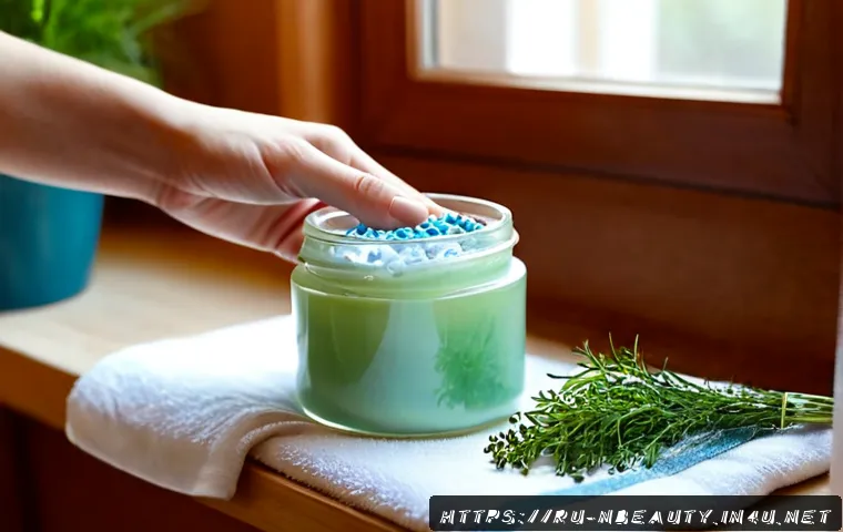 Home 17 천연화장품과 미세플라스틱 문제 - Photorealistic close-up of a Russian woman’s hands comparing an unbranded glass jar of natural face ...