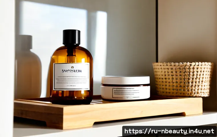 천연화장품 보관 방법 - Photorealistic close-up of a tidy Russian apartment bathroom cabinet, several unbranded natural skin...